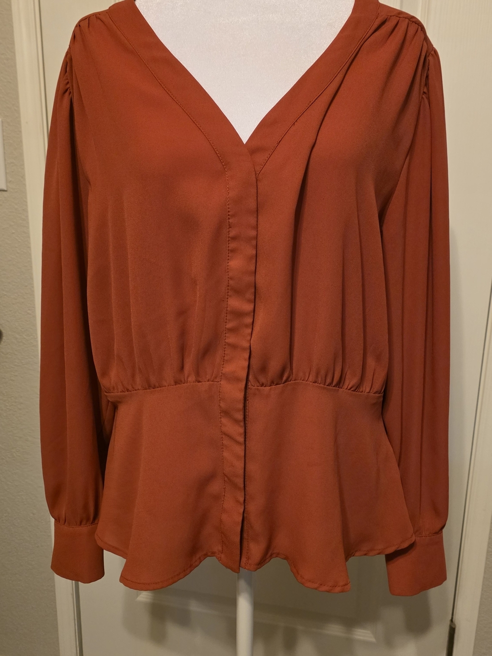 Womens Rust V-Neck Long Sleeve Blouse